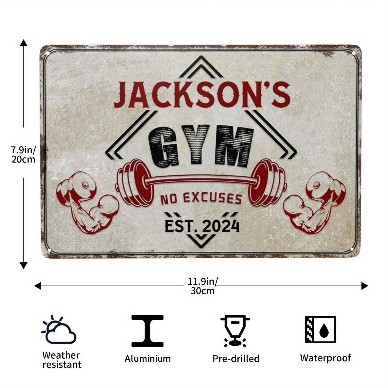 Home Gym Names - [2D Flach] Anpassbares Personalisiertes Vintage-Namens-Fitness-Schild 30x20cm