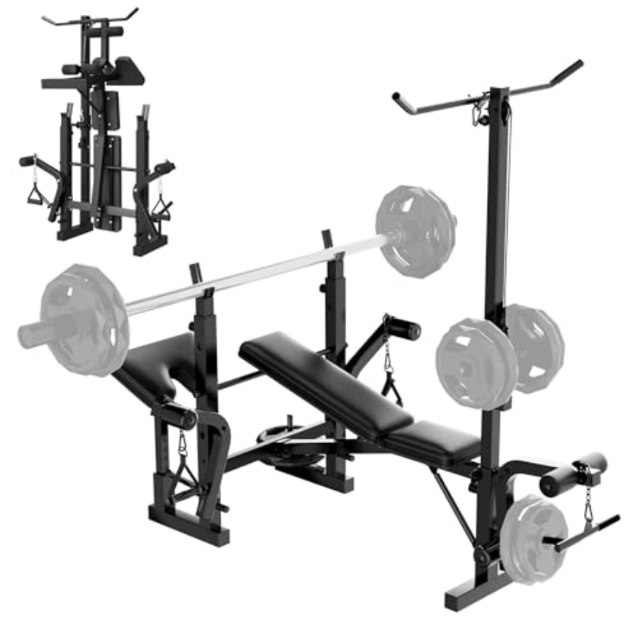 Home Gym With Leg Press - Heimfitness-Gewichtsbank-Set: Stahlrahmen, Schwarz, Multifunktional für Bankdrücken,